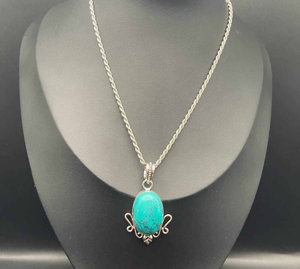 Italian Sterling Silver Rope Chain 15" Necklace Turquoise Colored Cab Pendant